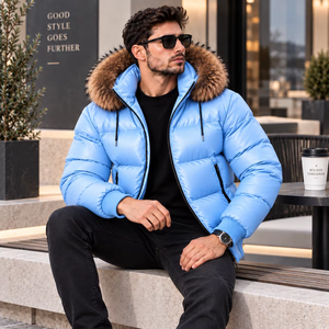 Men's Leather Puffer With Fox <b>Fur</b> <b>Hood</b> <b>Jacket</b>| Piumino Lucido Uomo | Chaqueta Brillante | Doudoune Brillante | LederJacke Herren - Product Image 3