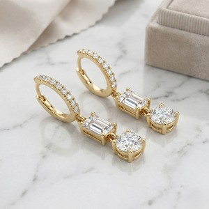 1.40 CTW Vintage 14K Gold Plated Round & Emerald Cut Lab Grown Diamond Two-<b>Stone</b> Huggie Dangle Earrings IGI Certified - Product Image 3