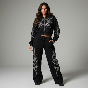Custom Flame Graphic Printing <b>Black</b> Fleece <b>Zip</b>-<b>up</b> <b>Hoodie</b> and Joggers Set with Silver Glitter Sun Tracksuit For Streetwear - Product Image 5