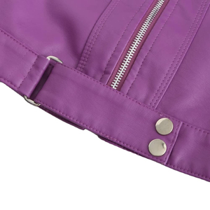Chaqueta de motociclista de cuero genuino morado para mujer con cierre de cremallera y cuello alto - Product Image 4