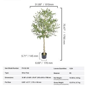 Albero di Ulivo Artificiale Sicuro Alto 1,8 m con Protezione Anti-Ribaltamento, Bassa Manutenzione, Materiale PE, Tronco Realistico Effetto Erba, Tonalità Verdi Diverse - Product Image 3