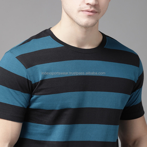 Camiseta de Manga Corta a Rayas para Hombre, Cuello Redondo, Corte Regular, Tejida, Informal, Azul y Negra, con Estampado - Product Image 6