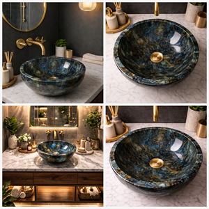 Vasque en pierre de labradorite, lavabo rond en marbre, vasque de salle de bain de luxe à poser sur comptoir, lavabo artisanal pour l'intérieur de la salle de bain - Product Image 6