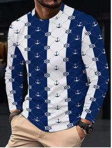 Camisa Casual de Punto para Hombre, Manga Larga, Cuello Redondo, Rayas en Relieve, Azul y Blanco, 100% Algodón, Antiencogimiento, para Primavera - Product Image 6