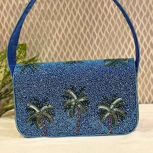 <b>Blue</b> <b>Beaded</b> Palm Tree Shoulder Bag Modern Natural Indian Fully Handcrafted Women Tropical Evening Luxury Party Designer Clutch - Product Image 5