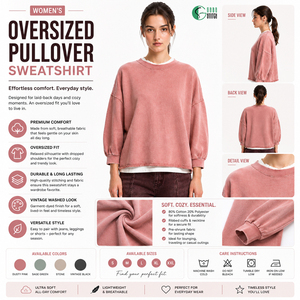 Sweat-shirt oversize à col rond pour femme, couleur unie, épaules tombantes, pull en tricot, mélange coton et polyester, vêtements d'automne - Product Image 1