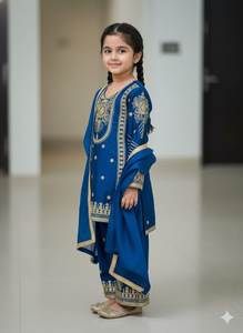 Ensemble Salwar Kameez en soie brodée bleue pour filles, vêtements ethniques pour enfants, costume Sharara, dupatta, tenue de fête, robe indienne pakistanaise - Product Image 2