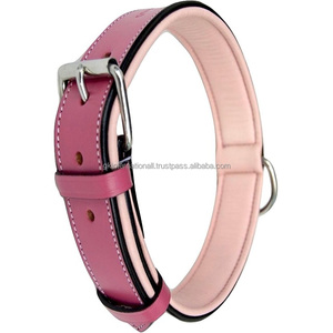 Collar de perro de cuero genuino hecho a mano de alta calidad con relleno suave de vaca cosido y hebilla de rodillo niquelada anillo en D - Product Image 5