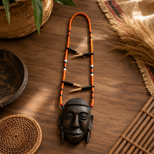 Handcrafted Natural Bead & Bone Bead <b>Necklace</b> with Wooden Tribal Face Pendant Boho <b>Statement</b> <b>Necklace</b> - Product Image 6