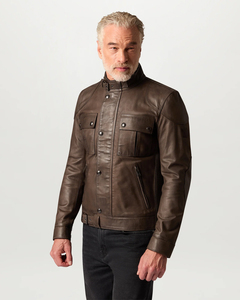 Blouson moto en cuir marron pour homme, col montant, fermeture boutonnée, poches, détails zippés, coupe classique, automne-hiver, OEM - Product Image 6