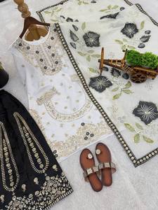Salwar Kameez en soie blanc et noir avec broderie dorée pour femmes, tenue traditionnelle indienne et pakistanaise pour mariage, longueur cheville, coupe classique - Product Image 6