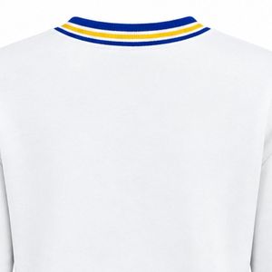 White Crewneck Pullover Sweater with Blue Gold Greek Crest Embroidery Striped Collar Cuffs Ribbed Hem Collegiate Knitwear Custom - Product Image 4