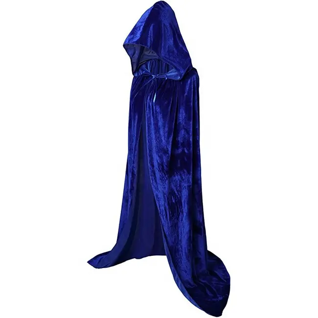 Iyi görünüm tam boy kapüşonlu pelerin uzun kadife pelerin noel cadılar bayramı için Cosplay kostümleri 59 inç mavi