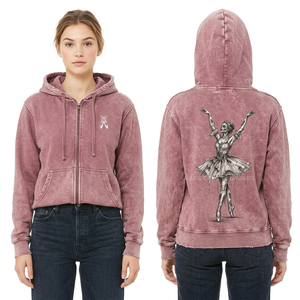 Sudadera con capucha y cremallera rosa malva vintage con lavado ácido para mujer, con gráfico personalizado de bailarina de ballet zombie, estilo desgastado, corta, tipo jersey, para ropa urbana - Product Image 1