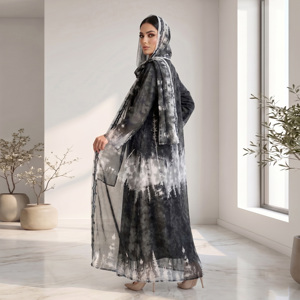Ensemble Abaya ouverte en tissu jacquard Premium Chicago Butti, couleur unie, grande taille, en polyester, avec hijab assorti, style islamique modeste - Product Image 4