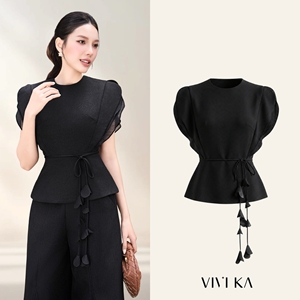 Blusa Elegante Negra para Mujer, Cuello Redondo, Manga con Volantes en Capas, Peplum, con Cinturón Hecho a Mano, Estilo Casual de Oficina, ODM OEM SOLI - Product Image 1