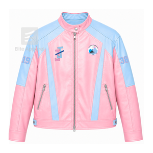 แจ็คเก็ตหนังแท้ Jack & Jill of America สีชมพูและฟ้า ปักโลโก้ สไตล์ลำลอง สำหรับทุกเพศ พร้อมซับในโพลีเอสเตอร์ - Product Image 1