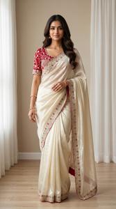 Sari de satén de diseño Fandy para mujer con trabajo de lentejuelas |   Sari con borde calado y blusa bordada en contraste con costuras completas - Product Image 2