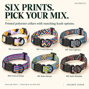 Collier pour chien réglable en polyester imprimé cèdre doré avec laisse assortie de 150 cm, 6 motifs, OEM ODM - Product Image 2