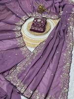 Sari en soie Georgette brodé de qualité supérieure pour femme avec bordure élégante en Zari, réversible, protection solaire, pour occasions de mariage