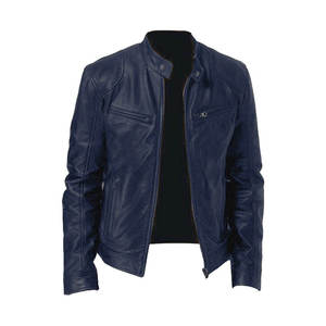 Men's Navy Blue Genuine Leather Moto Jacket <b>Stand</b> Collar Zipper Closure <b>Slim</b> Fit Regular Sleeve Solid Color Biker <b>Coat</b> Autumn - Product Image 1