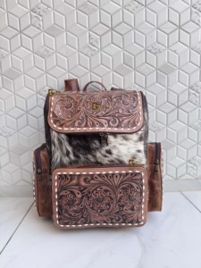 Hand <b>Tooled</b> Leather Cowhide <b>Backpack</b> With Floral Carving Unisex Bohemian Style Multiple Pockets Zipper Closure Daily Use Bag - Product Image 1