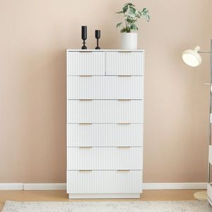 Commode blanche en panneaux de particules P2 et panneaux de densité avec façade de tiroir à motif ondulé, six niveaux, sept tiroirs - Product Image 1