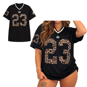 Camiseta Oversize de Fútbol Americano para Mujer con Estampado de Leopardo y Número, Top Deportivo Urbano de Ajuste Holgado, Ropa de Moda, Venta al por Mayor OEM - Product Image 1