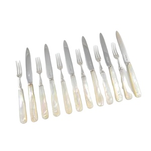 Antique Silver Fish Knives & Forks Set Hand Carved Mother Of Pearl <b>Handles</b> Sheffield Victorian Flatware Tableware Hotel Use - Product Image 1