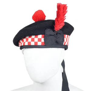 HaScottish OEM ODM Chapeaux traditionnels pour kilt 100% Laine Balmoral, Casquette à pompon faite à la main pour tenue des Highlands, Pompon rouge et plume - Product Image 1