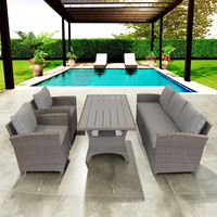 Ensemble de table à manger rectangulaire moderne, chaises de café, meubles en rotin, structure en aluminium, utilisation en extérieur, restaurant commercial, durable