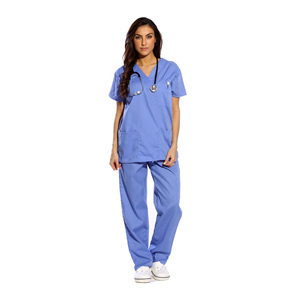 Ensemble de blouses médicales bleues pour femmes, en coton et polyester tissé, pantalon et haut à col en V, prêt pour le stéthoscope - Product Image 1