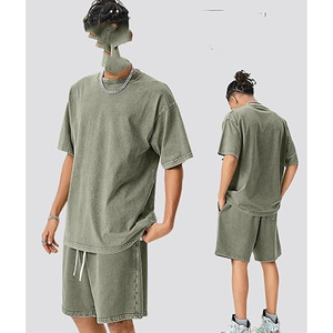 Ensemble T-shirt et short en tissu éponge absorbant la transpiration, délavé à l'acide, avec logo personnalisé, style vintage, DTG, pour homme, coupe ample, 100% coton, poids lourd - Product Image 3