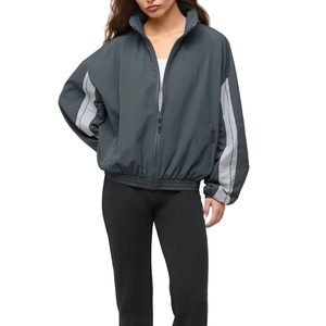 Women's Dark Grey Windbreaker <b>Jacket</b> Oversized <b>Track</b> <b>Jacket</b> Two-Tone Sleeve Sporty Zip Up Bomber Coat Casual Sportswear - Product Image 4
