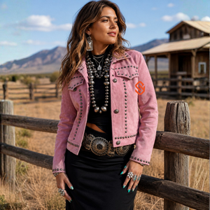 Veste Western Rose Cloutée en Daim pour Femme, en Cuir de Vachette, Courte, avec Conchos, Style Trucker, Rodeo, Cowgirl, Sud-ouest, à Boutons Pression, Coupe Ajustée - Product Image 1