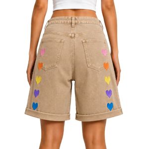 Khaki Beige <b>Rainbow</b> Heart Embroidered Women Denim Shorts High Waist Casual Loose Fit Rolled Hem Cotton Summer Fashion Jean Short - Product Image 2