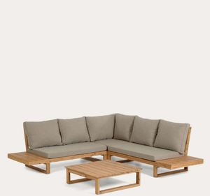 Conjunto de Sofá Moderno en Forma de L de Madera de Teca para Jardín, Sala de Estar al Aire Libre, Mesa de Centro, Cojines, Villa, Resort, Patio, Terraza, Lujo - Product Image 1
