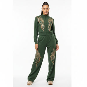 Ensemble de survêtement streetwear brodé deux pièces pour femme : veste zippée et pantalon large – Vêtements de sport décontractés – Vente en gros OEM - Product Image 6