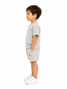 Ensemble coordonné gris pour enfants Livster, tenue d'été en coton doux, ensemble décontracté pour garçons, t-shirt et short assortis, mode enfant de qualité supérieure - Product Image 2