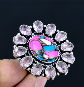 Boho Pink Mosaic Gemstone Floral <b>Statement</b> <b>Ring</b> Vintage Silver Handmade Cocktail Jewelry for Women - Product Image 1