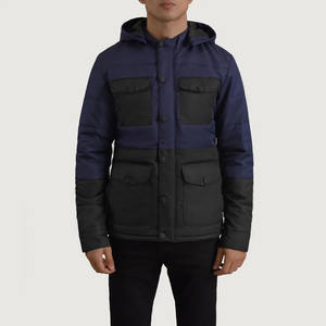 Veste matelassée multi-poches à blocs de couleur bleu foncé et gris, imperméable et coupe-vent, avec capuche, pour l'hiver, vente en gros, OEM - Product Image 5