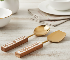 Juego de 2 Cucharas para Servir con Mangos con Incrustaciones de Madera – Utensilios de Acero Inoxidable Dorados para Servir, Decoración de Lujo para Cocina y Mesa, Venta al por Mayor - Product Image 2