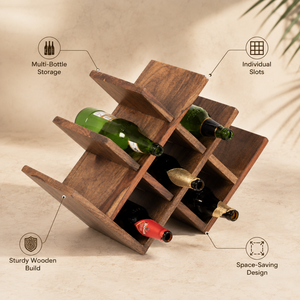 Porte-bouteilles en bois artisanal, support de rangement autoportant pour 6 bouteilles, pour comptoir de cuisine, bar à domicile, restaurant et présentation à la salle à manger - Product Image 4
