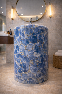 Lavabo sur pied en onyx bleu de luxe, écologique, en pierre semi-précieuse naturelle, pour salle de bain, hôtel moderne, villa - Product Image 3