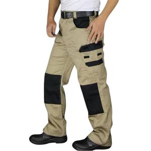 Men's Tactical Work Pants Khaki With Black Knee Patches Multiple Pockets High Waist Zipper Fly Canvas Material - Product Image 1