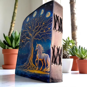 Diario Grimoire de Cuero Genuino con Encuadernación Térmica, Árbol de la Vida, Luna, Unicornio, Libro de Hechizos de las Sombras, Regalo - Product Image 4