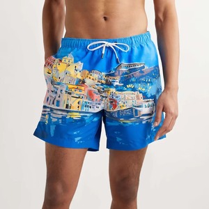 Pantalones Cortos Deportivos para Hombre, Azules, Tejidos a Rayas y Pintados a Mano, 100% Poliéster, de Secado Rápido, con Cordón en la Cintura, Casuales - Product Image 1