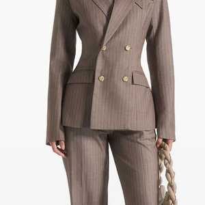 Blazer de Mujer a Rayas con Doble Botonadura, Manga Larga, Cuello con Muescas, Lana y Poliéster Antiarrugas, Otoño, Venta al por Mayor, Hecho a Medida - Product Image 2
