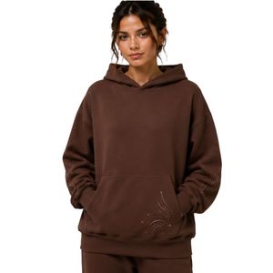 Sweat-shirt à capuche oversize marron pour femme avec design minimaliste en strass, en molleton de coton premium, décontracté, streetwear d'hiver - Product Image 1