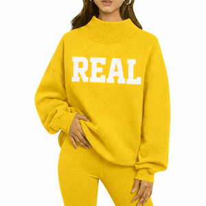 Women's Pink Oversized Turtleneck SMALE Sweatshirt Letter Print Cotton Pullover Autumn Streetwear Long Sleeve <b>Mock</b> <b>Neck</b> <b>Top</b> - Product Image 3